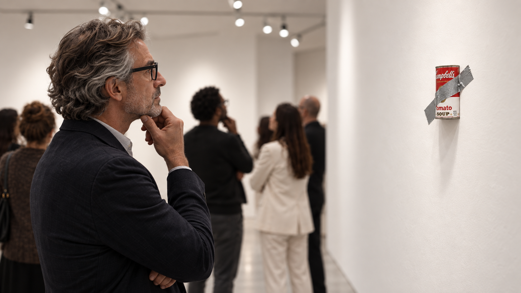 An art critic considers the taped soup can
